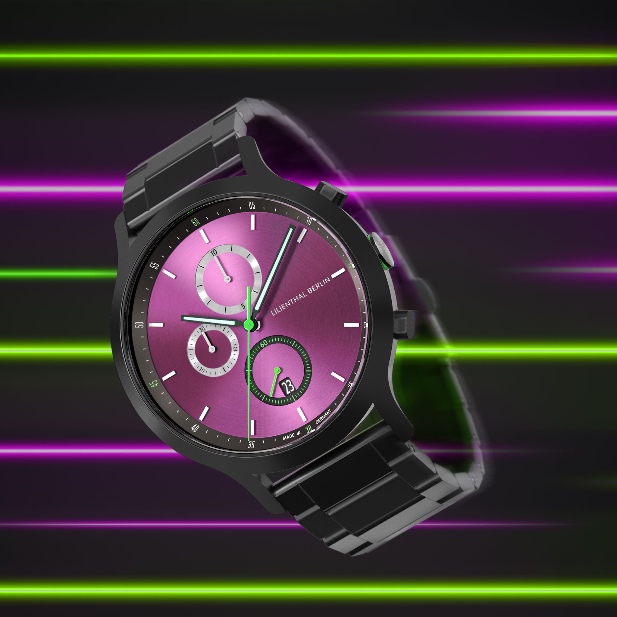 Modern black wristwatch with metallic purple dial and green accents on a neon background
