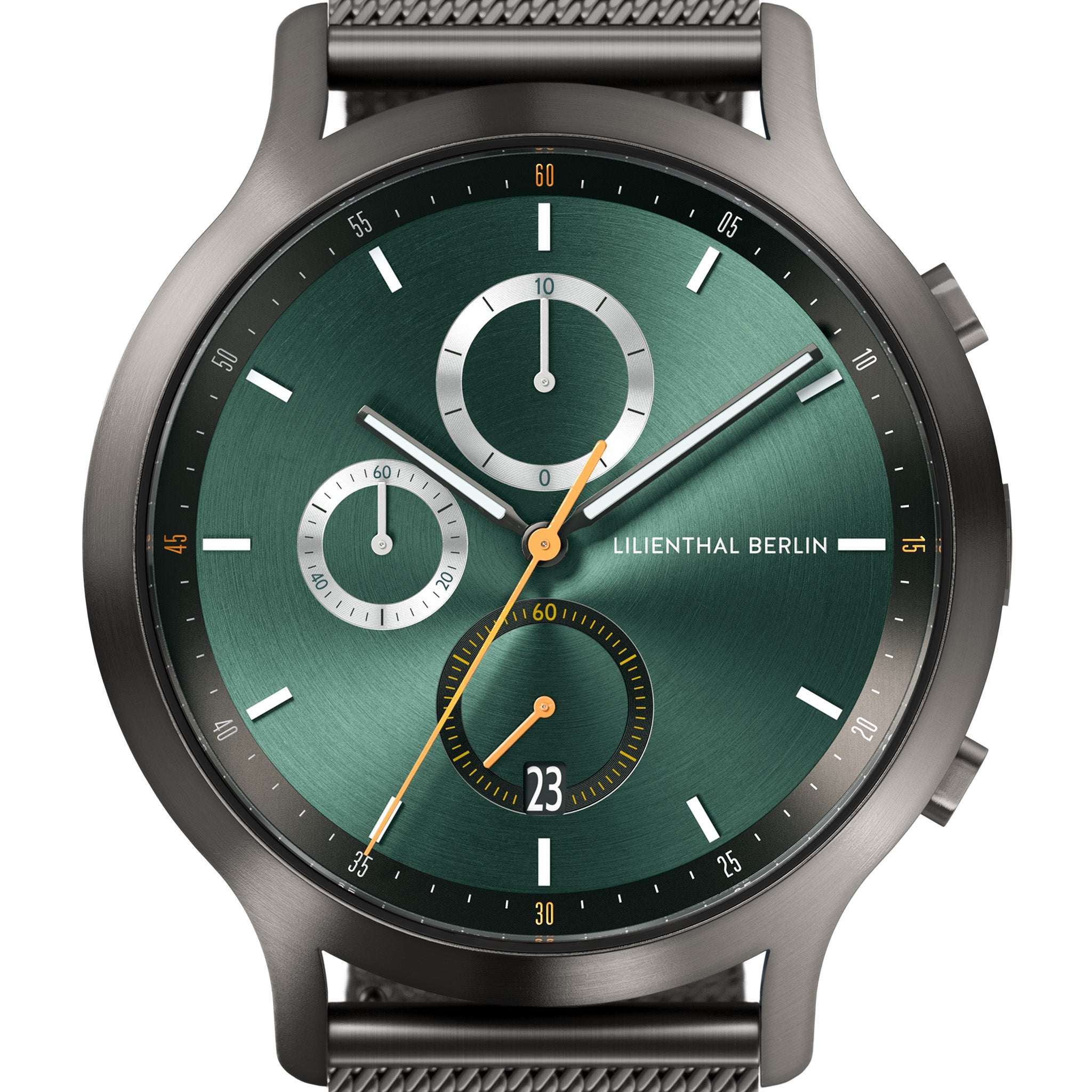 Men’s chronograph watch with green dial, subdials, mesh strap, date display, and silver case
