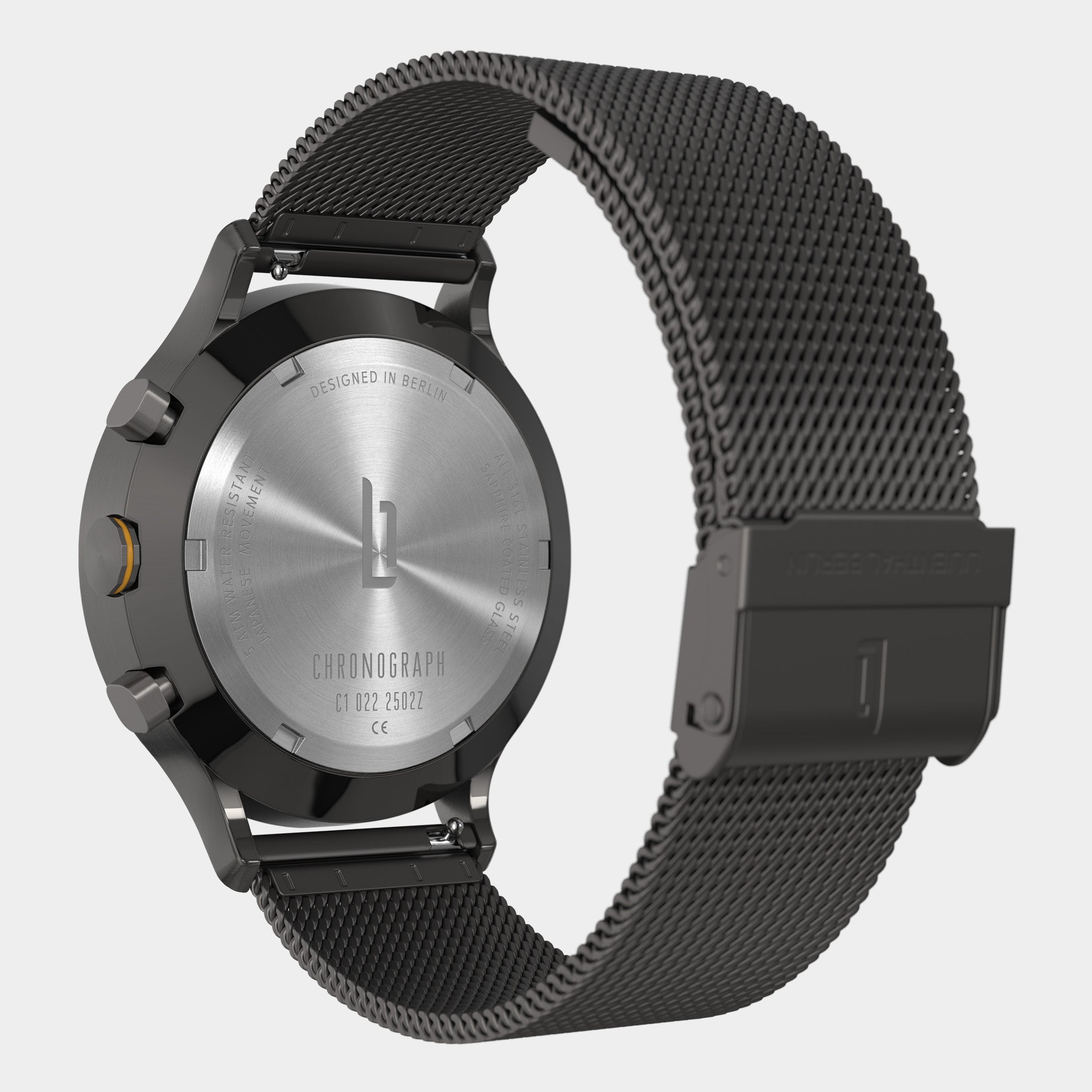 Minimalist chronograph watch back with stainless steel case and black mesh strap