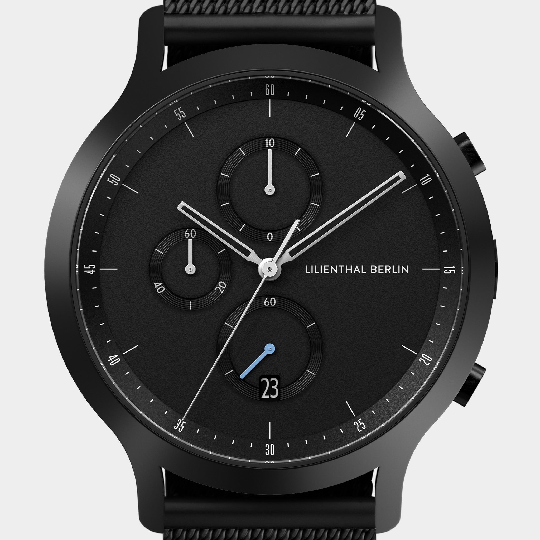 Modern black chronograph watch with subdials, date display, and Lilienthal Berlin logo on dial