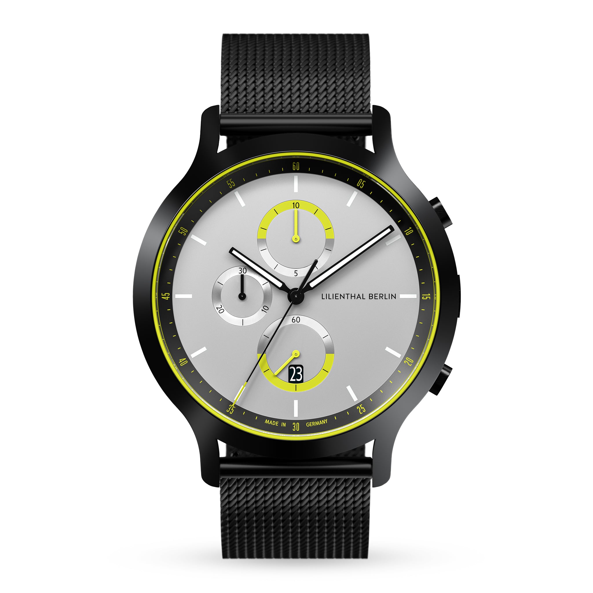Modern chronograph watch with black mesh strap, silver dial, yellow accents, and subdials.