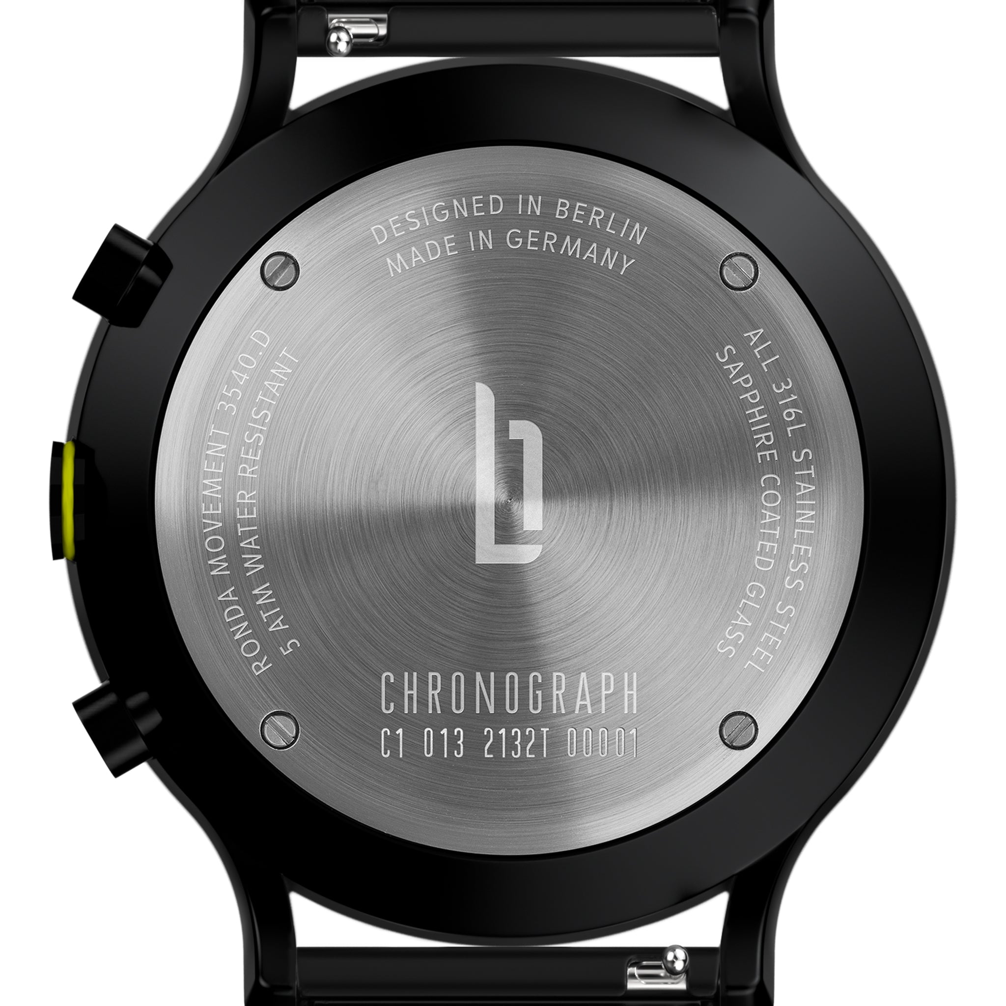 Stainless steel chronograph watch case back with engraved details and logo