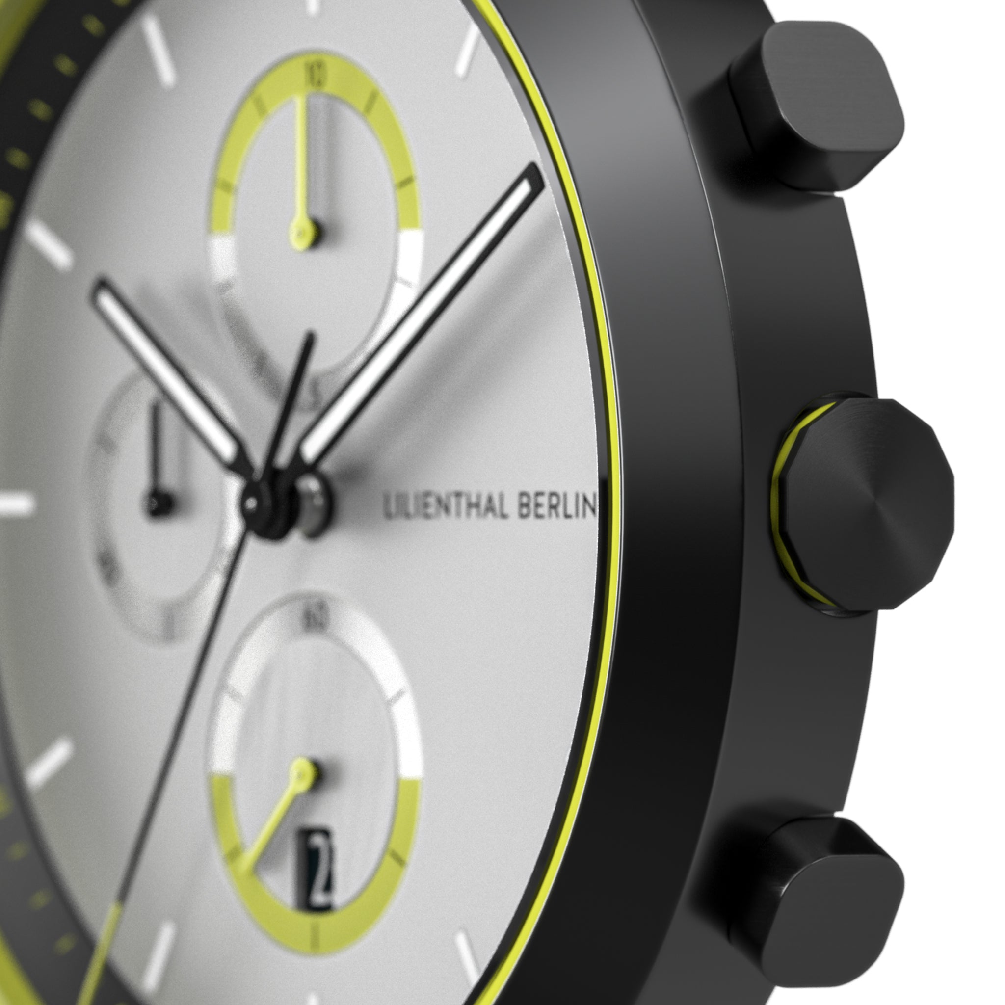 Minimalist chronograph watch with black case, white dial, yellow accents and visible subdials
