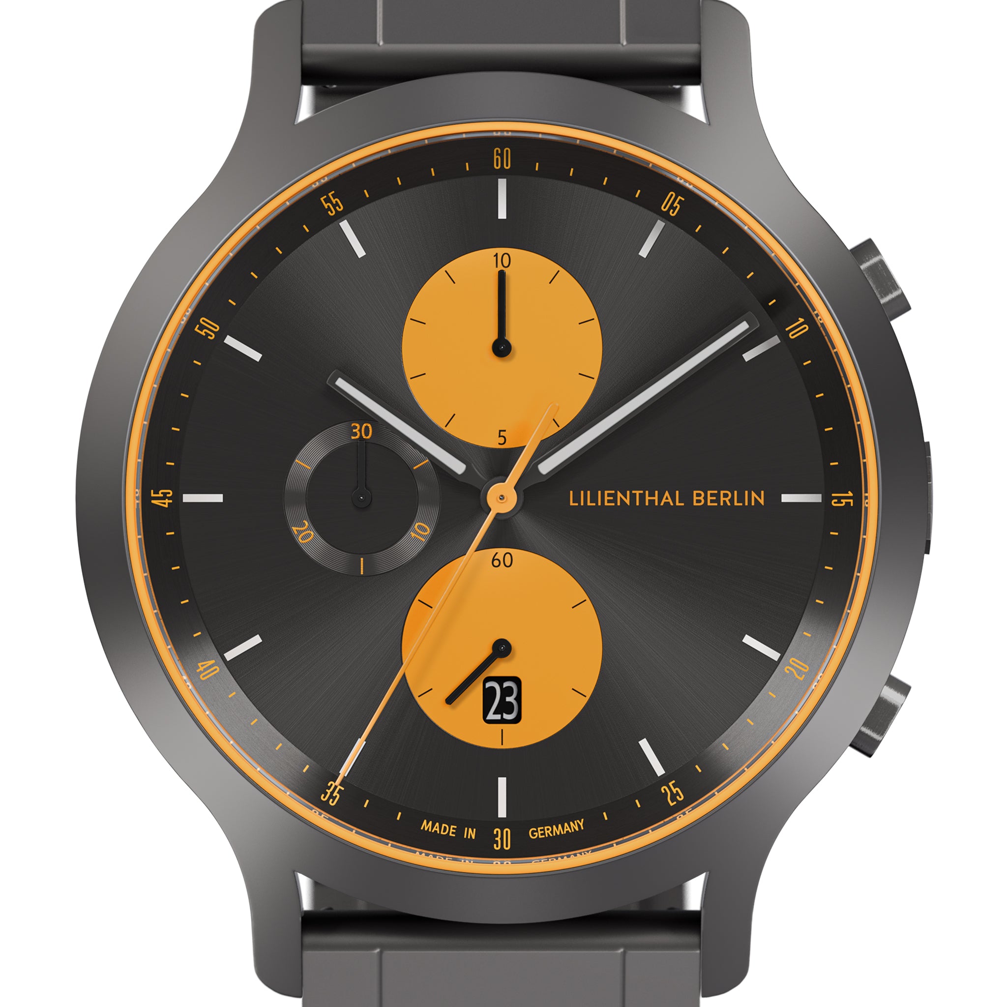 Modern chronograph watch with black dial, orange subdials, date display, and grey strap