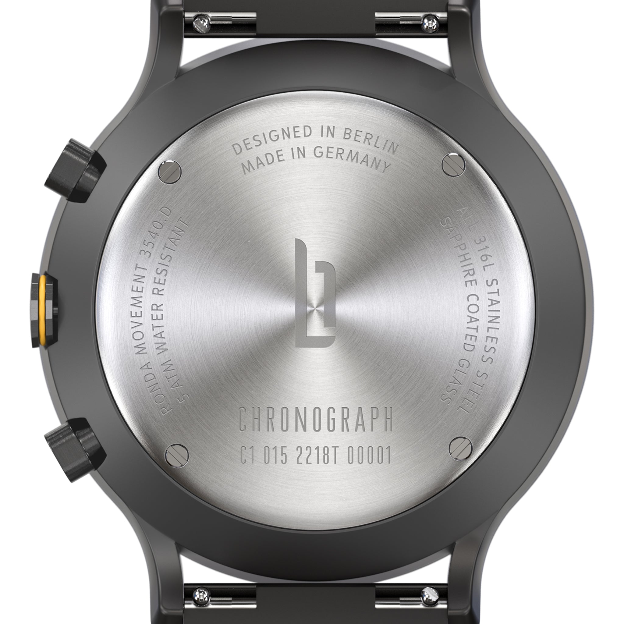 Stainless steel chronograph watch back with engraved Berlin design, sapphire glass, and water resistance details