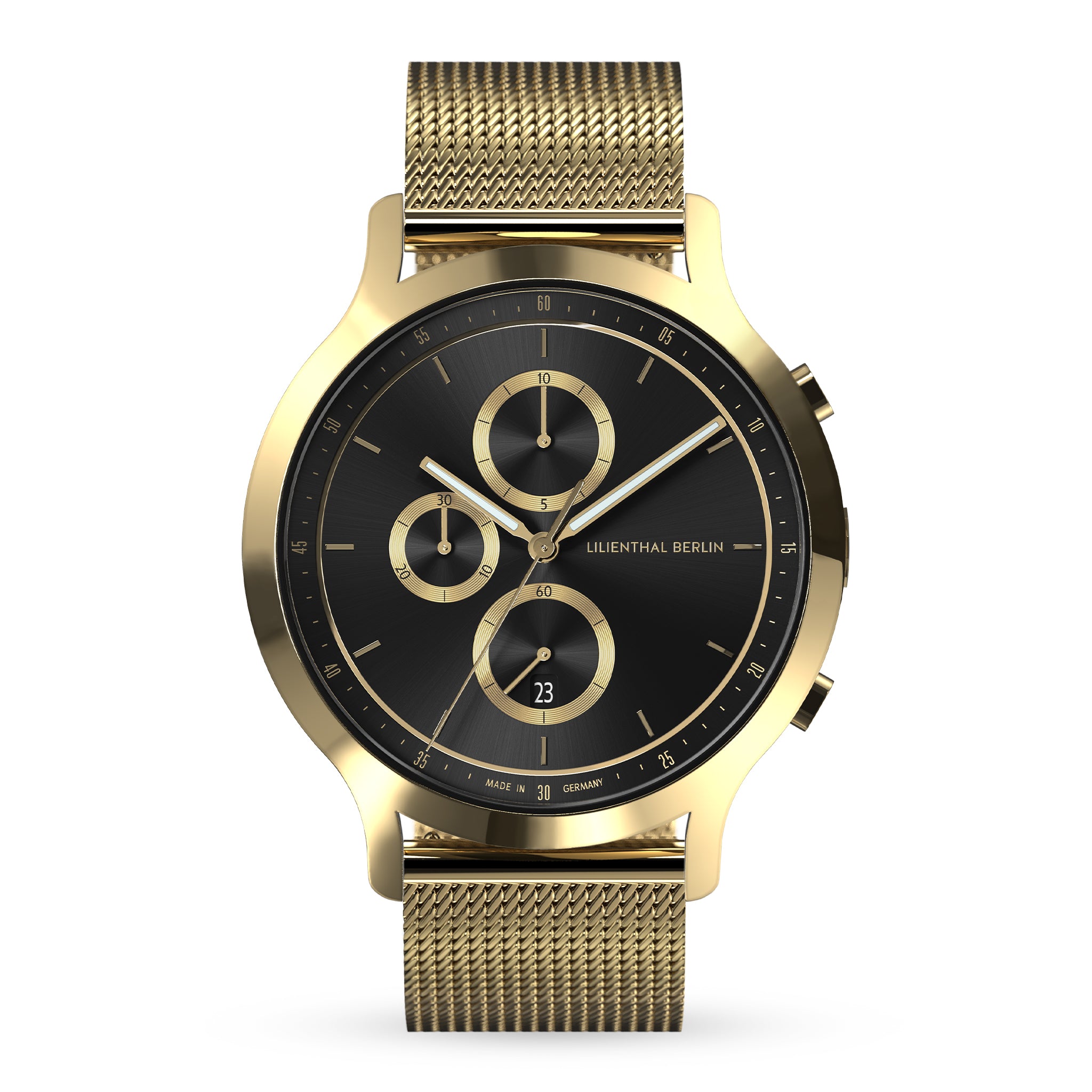 Gold mesh band chronograph watch with black and gold dial, minimalist design, date display