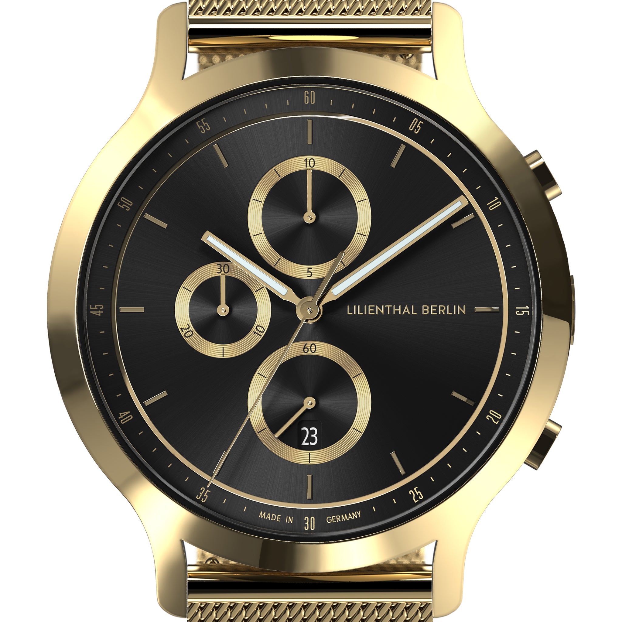 Gold chronograph watch with black dial, mesh strap, and date display
