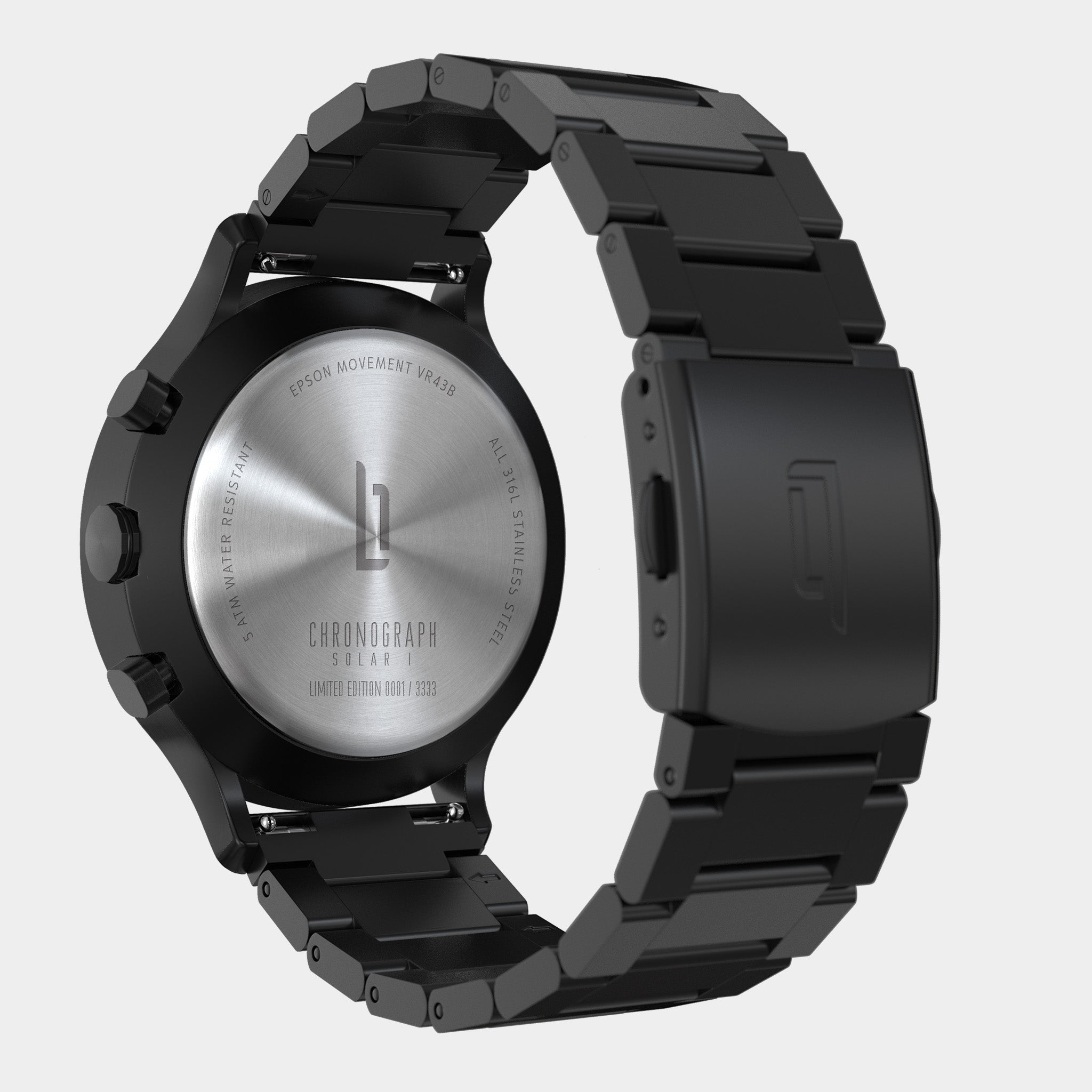 Limited edition black stainless steel chronograph solar watch with engraved back and metal strap
