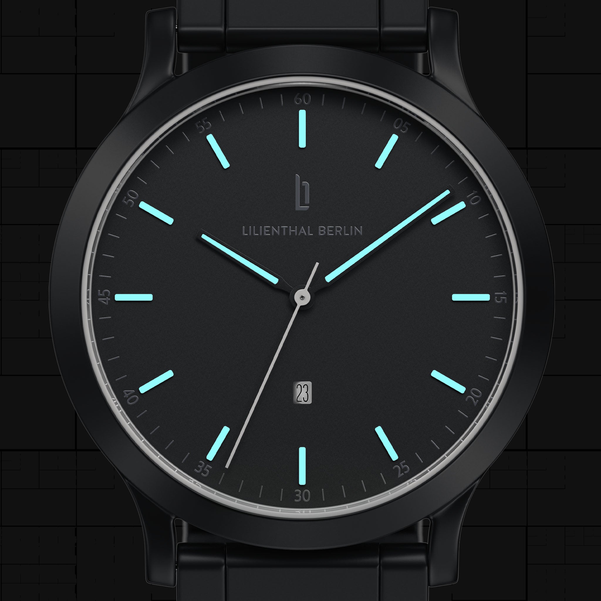 Black minimalist wristwatch with blue luminous markers, metal band, and date display