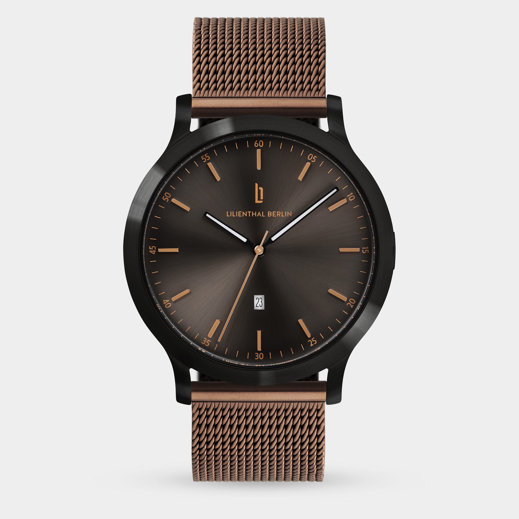 Elegant men’s watch with black sunburst dial, rose gold markers, and mesh metal strap
