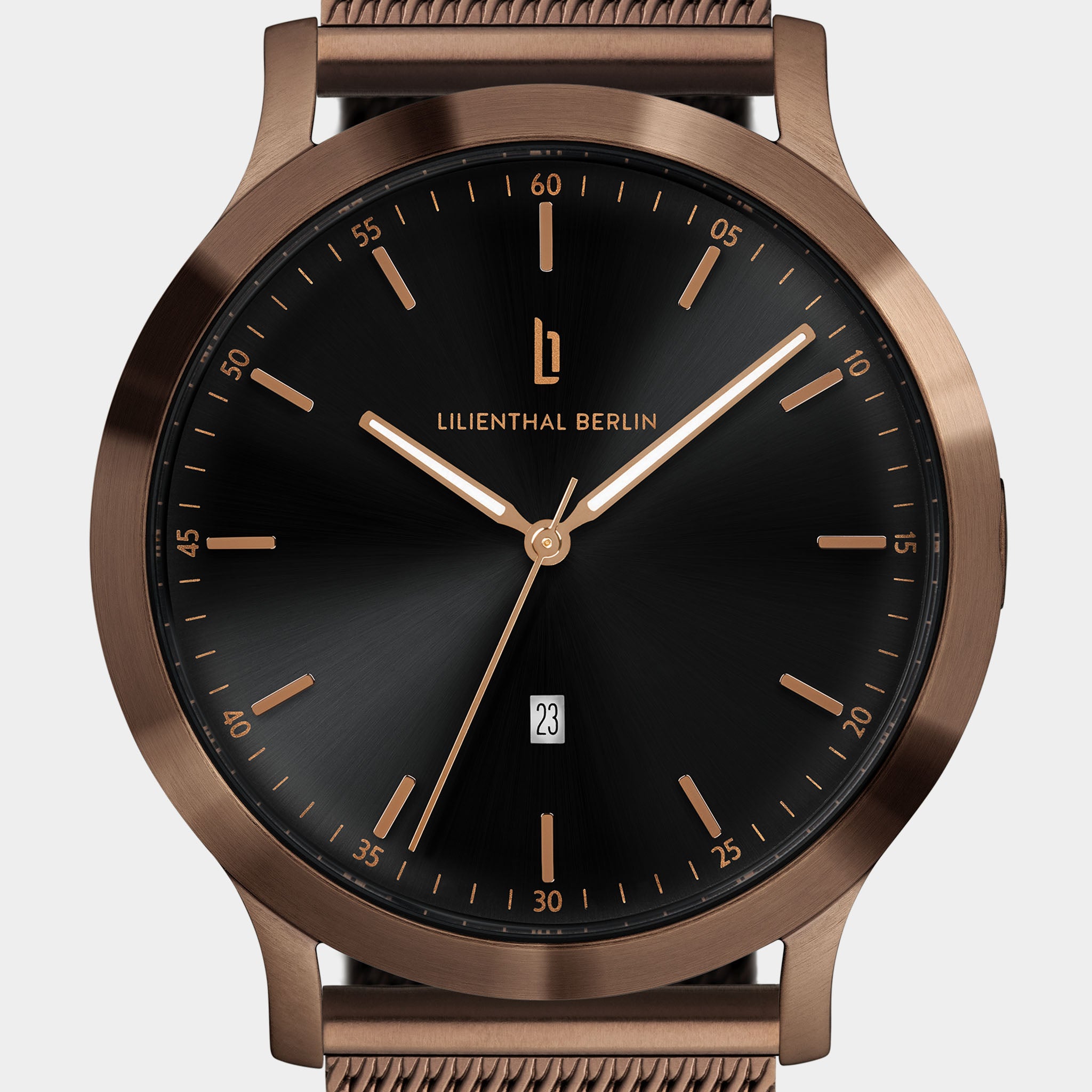 Rose gold stainless steel wristwatch with black dial, minimalist design, and date display.