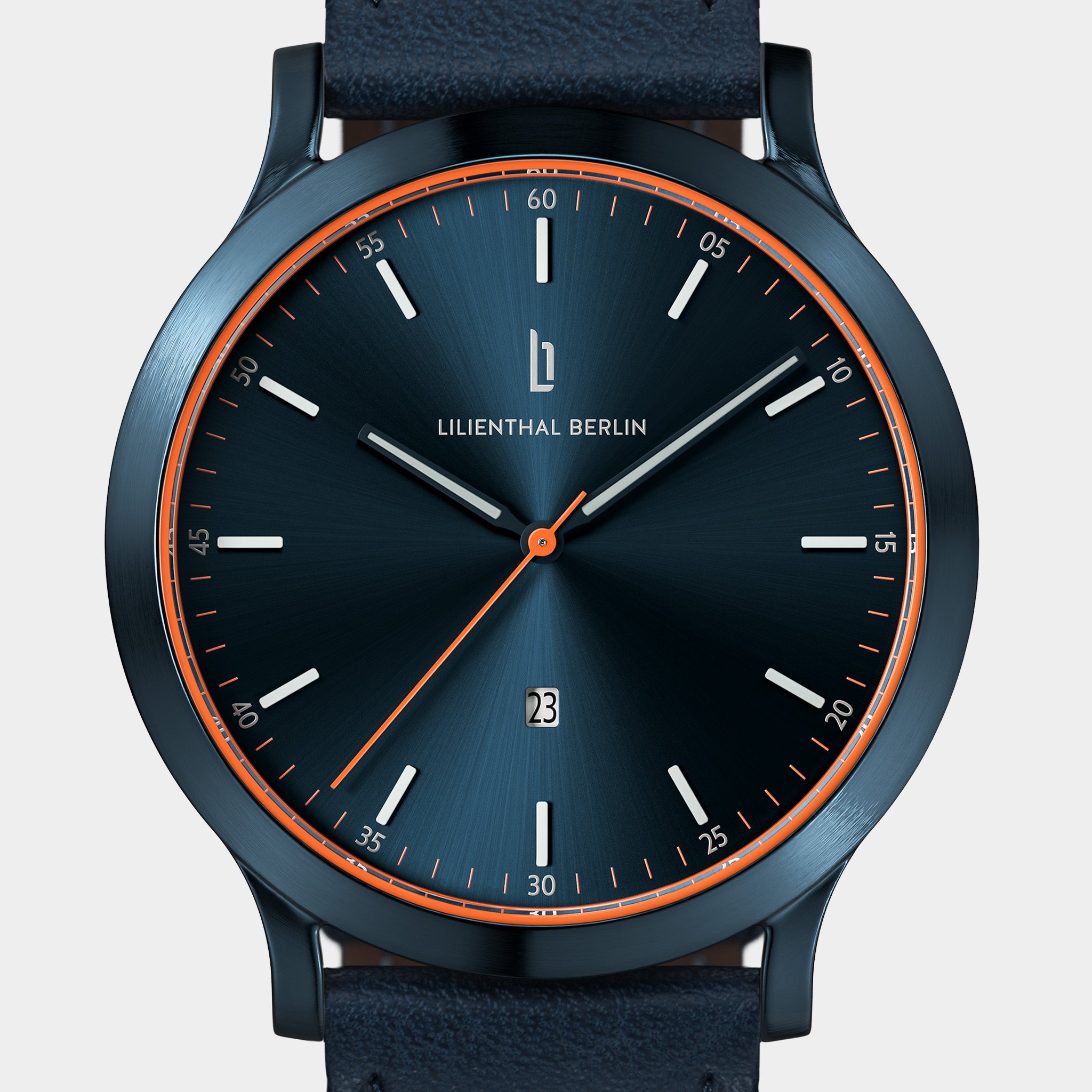 Sleek blue wristwatch with minimalist dial, orange accents, and date display