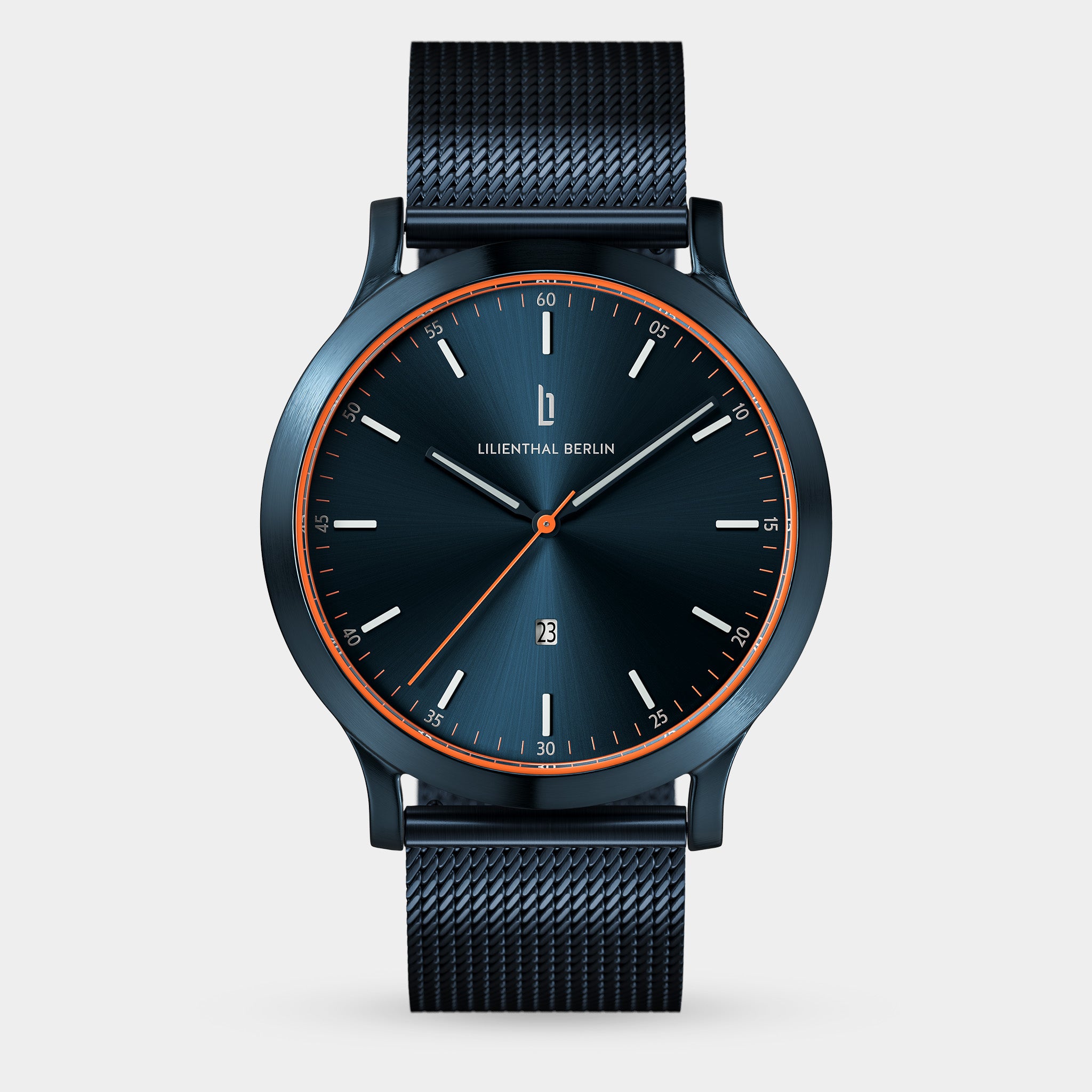 Blue mesh strap watch with black sunburst dial, orange accents, and minimalist design