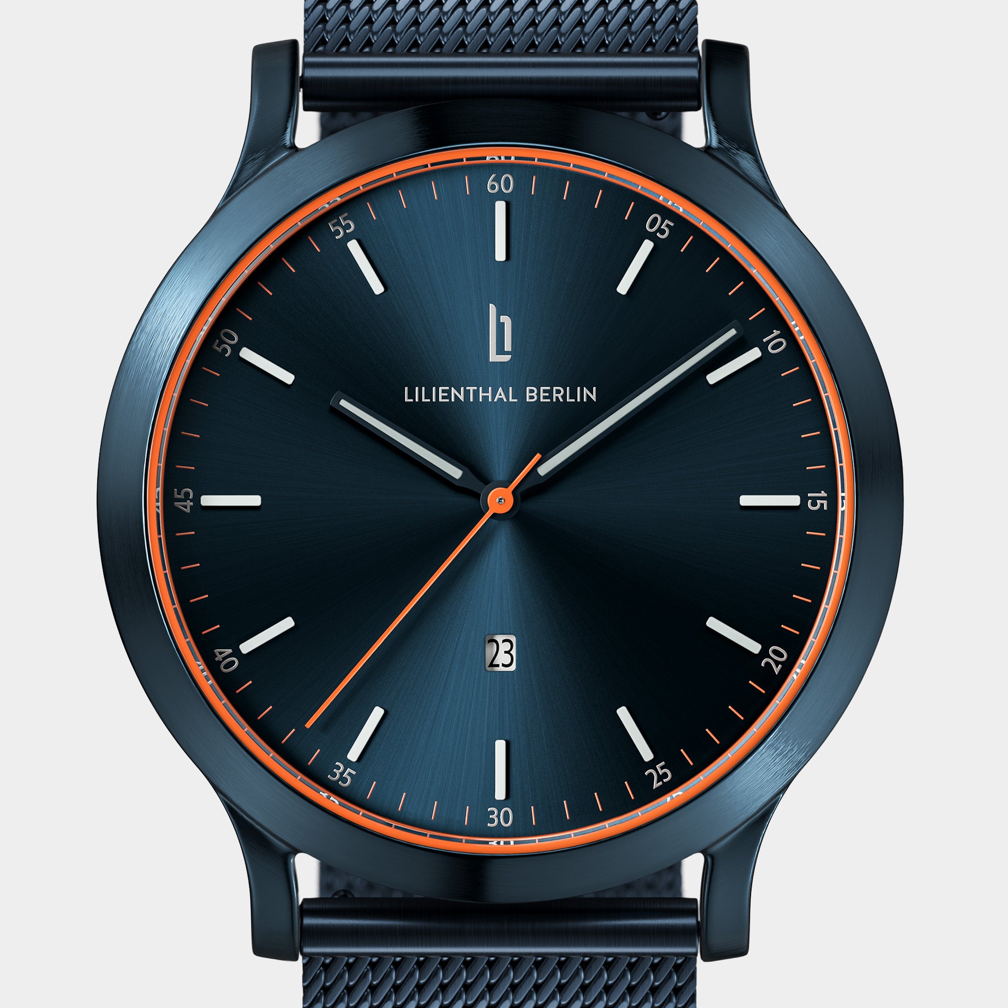 Blue stainless steel minimalist wristwatch with orange accents and date display on mesh strap