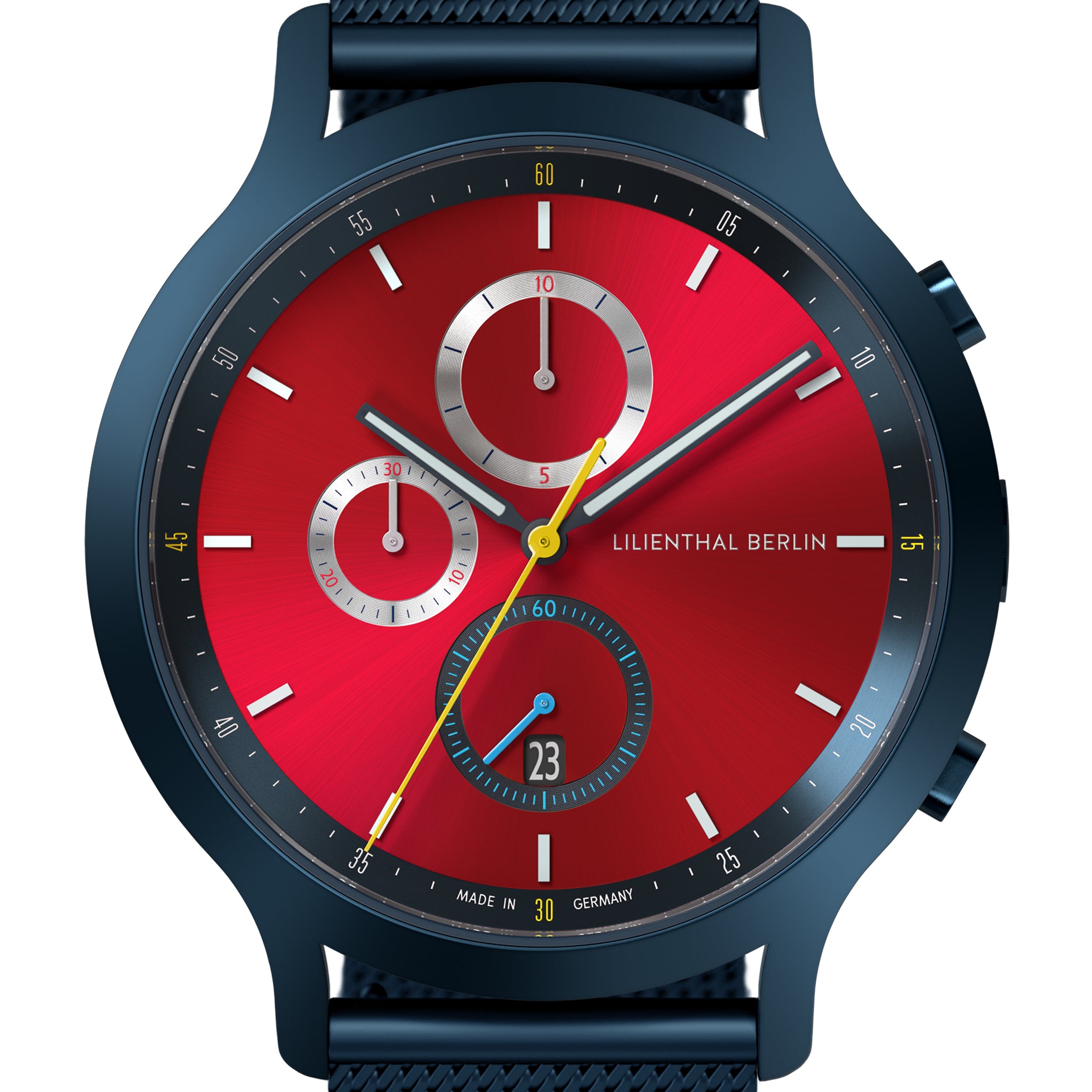 Men's chronograph watch with red dial, subdials, date display and navy blue case
