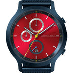 Modern chronograph watch with a red dial, subdials, and blue case, displaying Lilienthal Berlin logo.