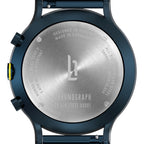 Close-up of the stainless steel back of a chronograph watch showing engraved details.