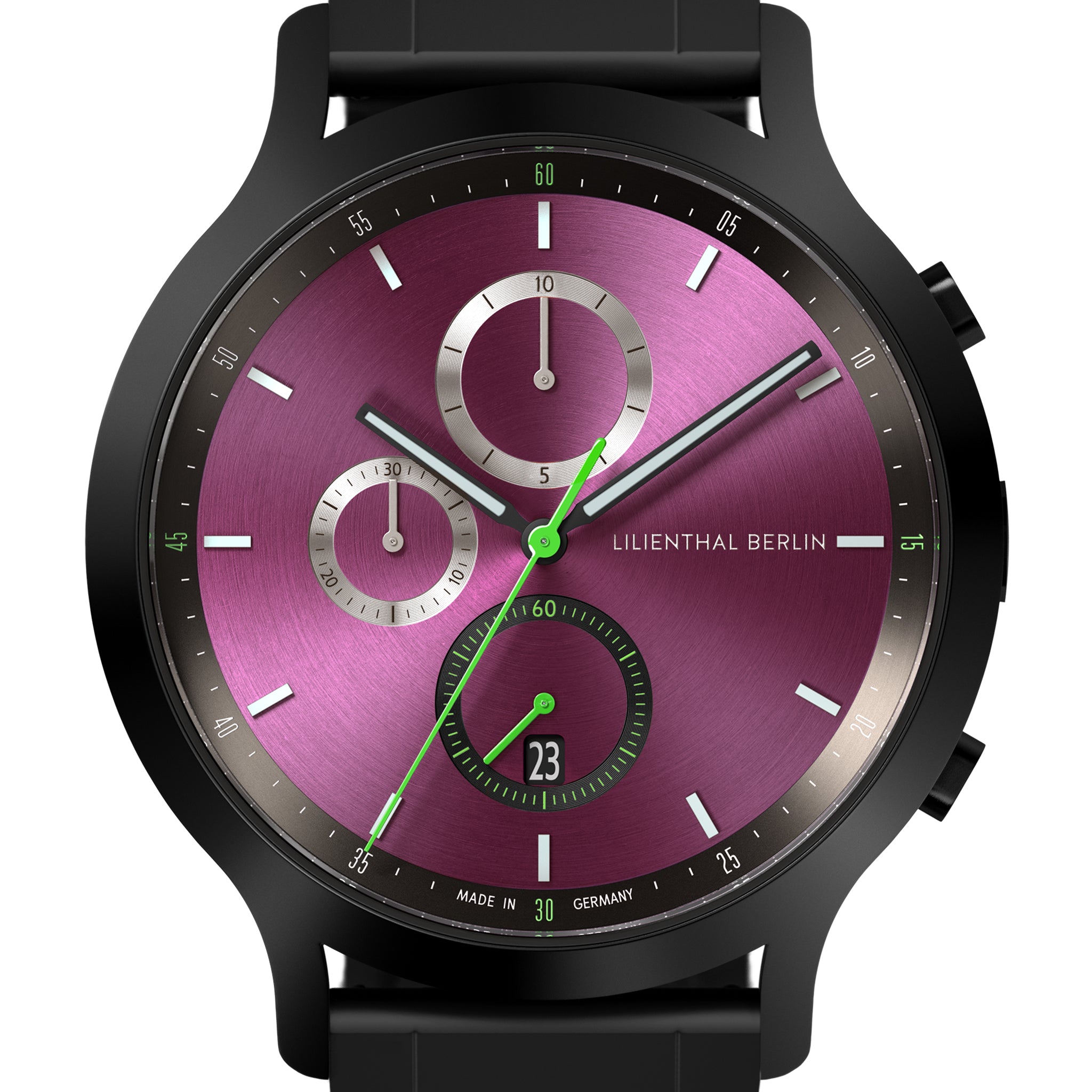 Black watch with a metallic purple dial, chronograph subdials, green hands, and date display.