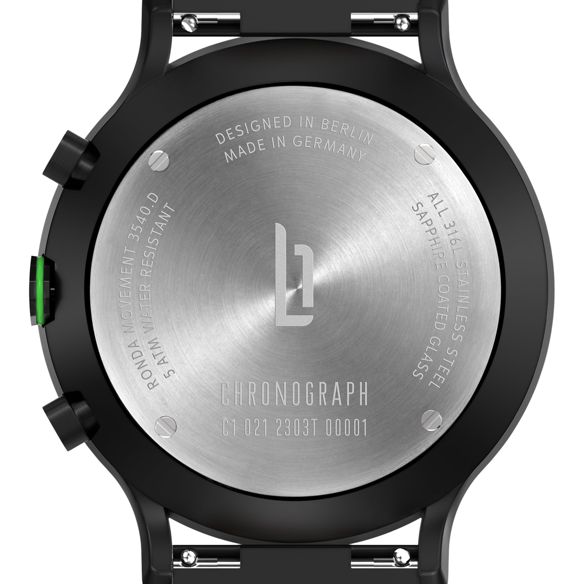 Close-up of a chronograph watch caseback showing stainless steel and engraved specifications.