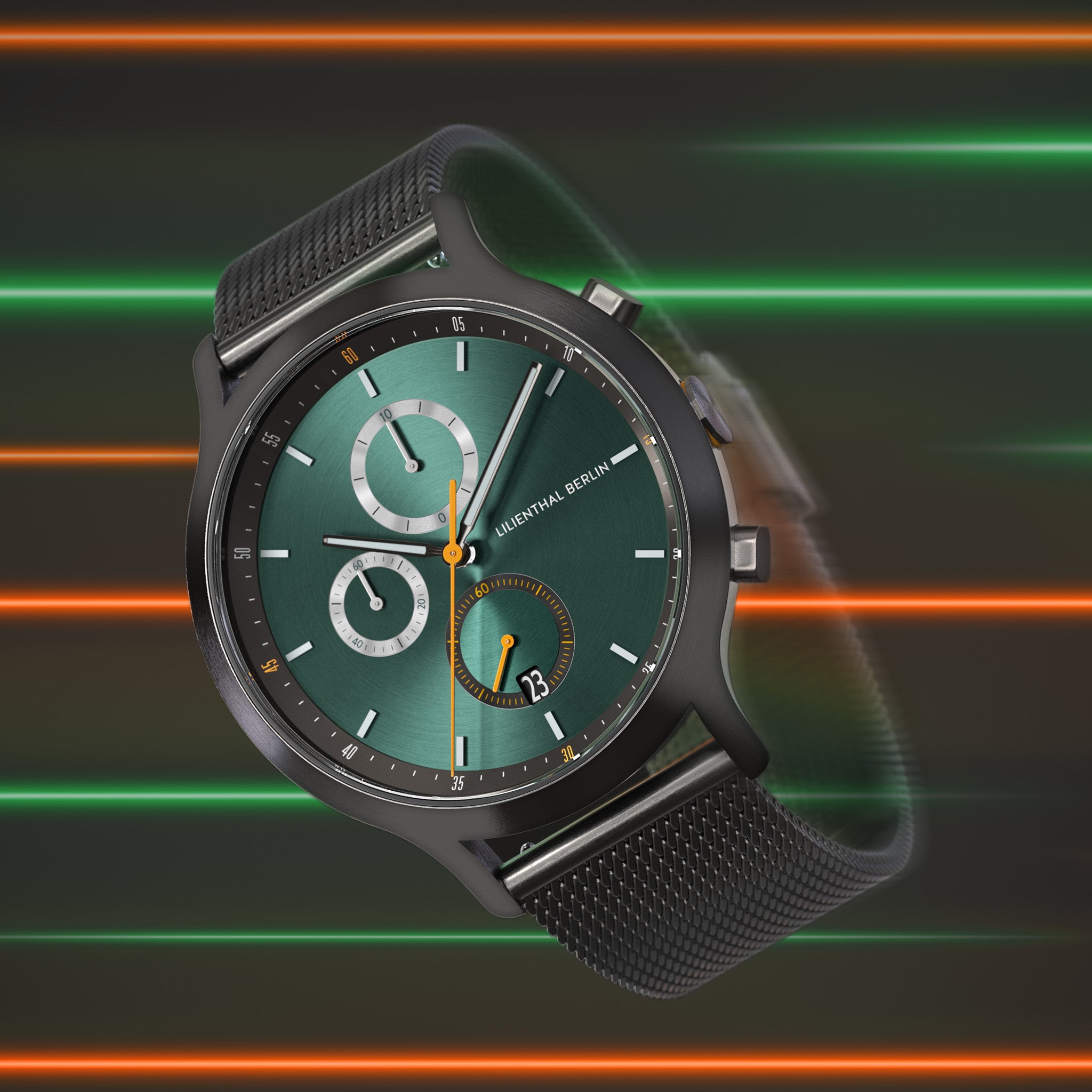 Modern green dial chronograph watch with black mesh strap against neon stripe background