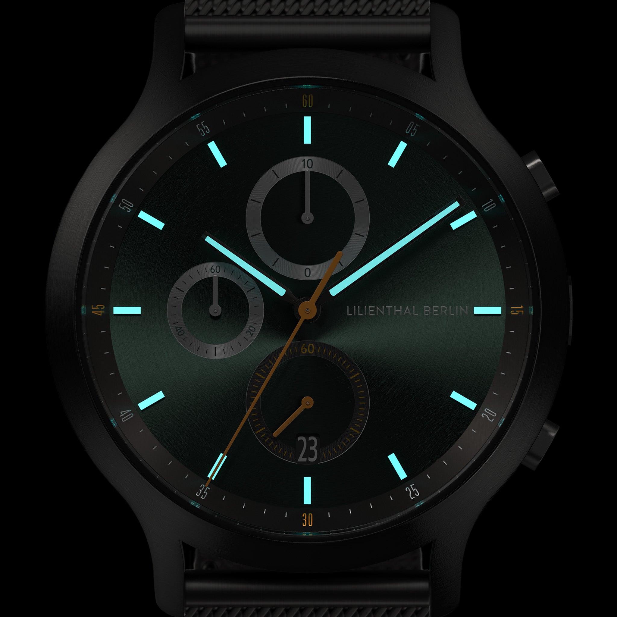 Sleek black chronograph watch with luminous hands, subdials, and minimalist markers on dark face