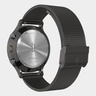 Minimalist chronograph watch back with stainless steel case and black mesh strap