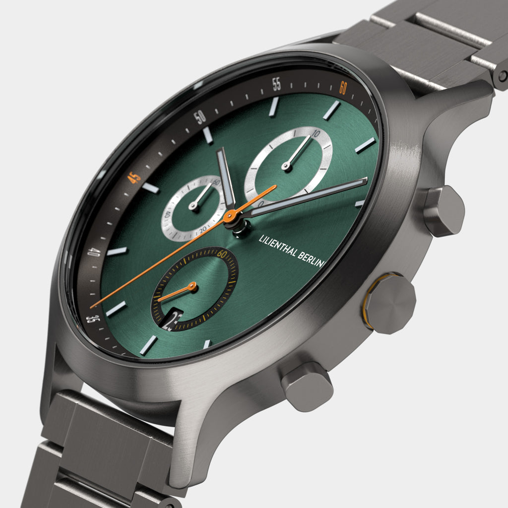 Men's stainless steel chronograph watch with green dial and silver subdials