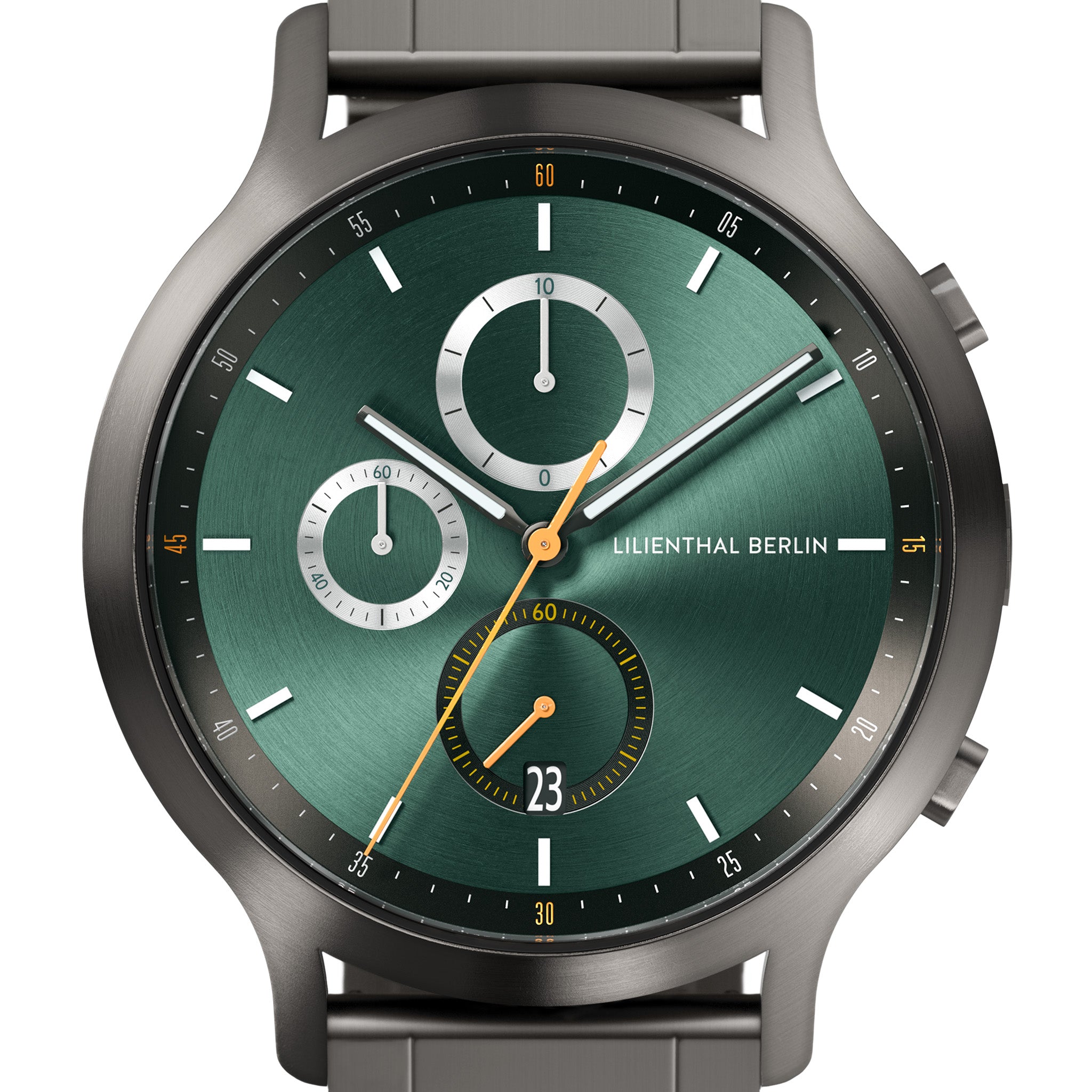 Green chronograph watch face with subdials, metal case, and date display