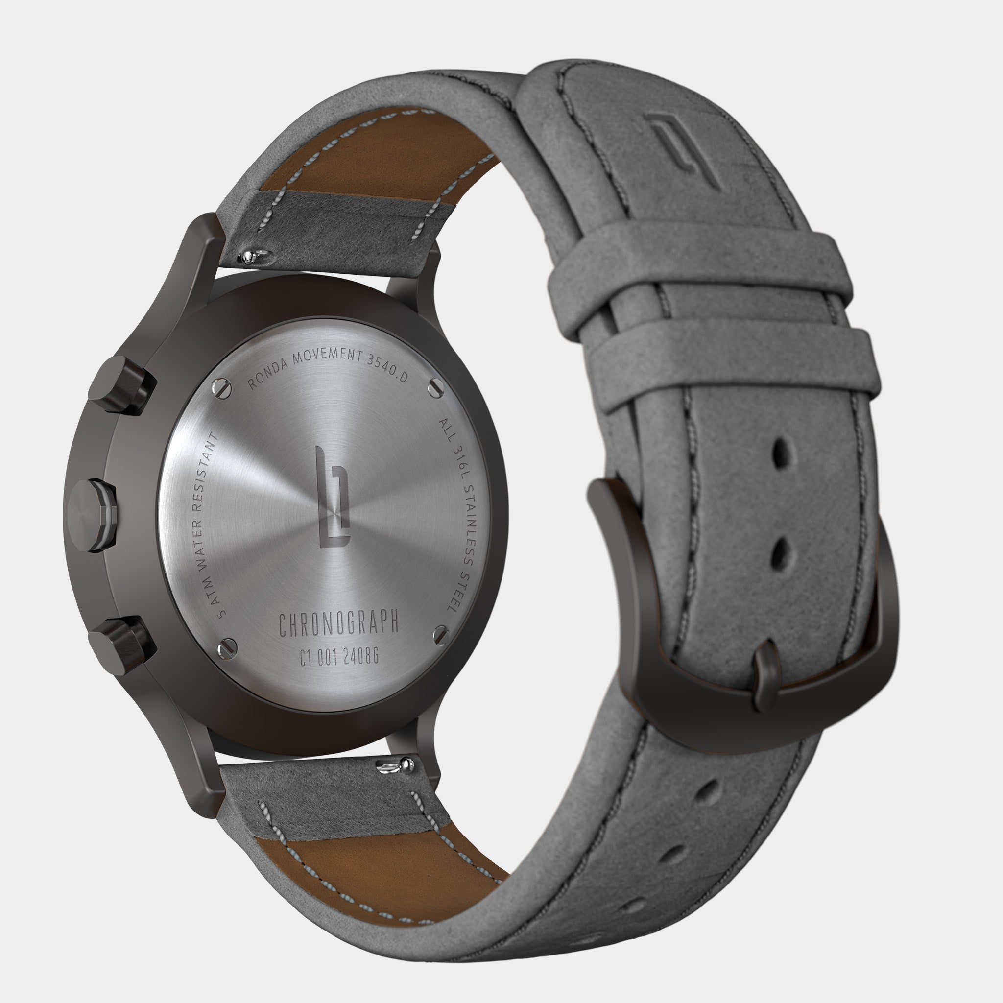 Back view of a stainless steel chronograph watch with grey leather strap