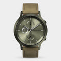 Olive green chronograph watch with subdials, date display, and brown leather strap