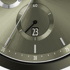 Close-up of olive green watch face with date window, silver markers, and subdial.