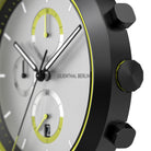 Minimalist chronograph watch with black case, white dial, yellow accents and visible subdials