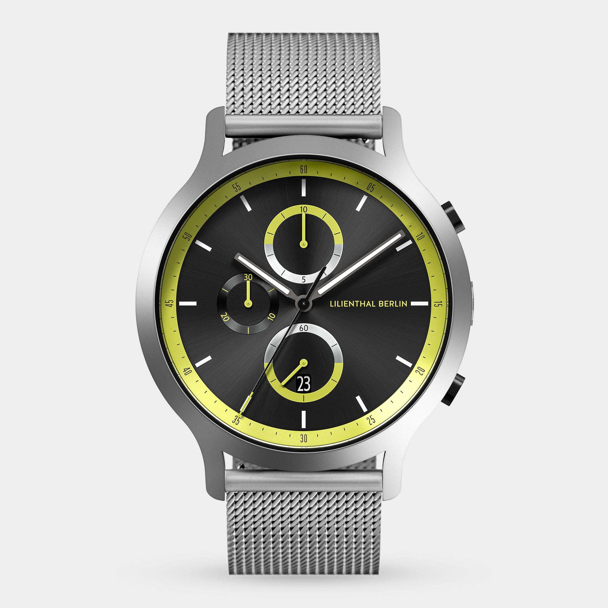 Stainless steel mesh watch with black and yellow chronograph dial and date display
