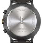 Stainless steel chronograph watch back with engraved Berlin design, sapphire glass, and water resistance details