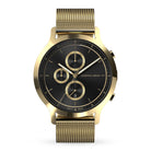 Gold mesh band chronograph watch with black and gold dial, minimalist design, date display