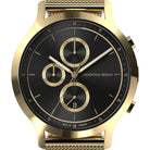 Gold chronograph watch with black dial, mesh strap, and date display