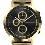 Gold chronograph watch with black dial, mesh strap, and date display