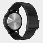 Back view of a stainless steel mesh band chronograph solar watch with black case