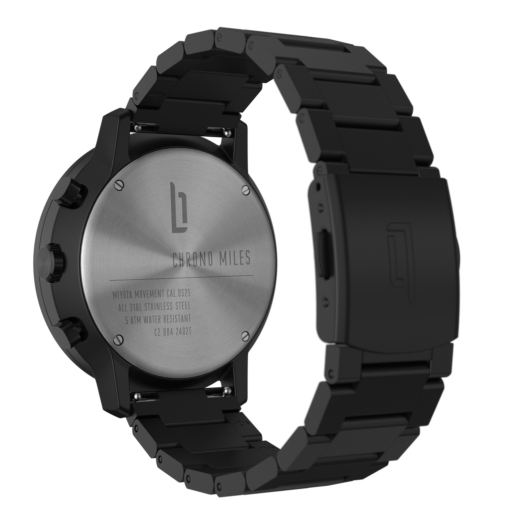 Black stainless steel chronograph watch back, engraved with Chrono Miles text and logo