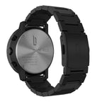Back view of Chrono Miles black stainless steel watch with engraved case and metal band