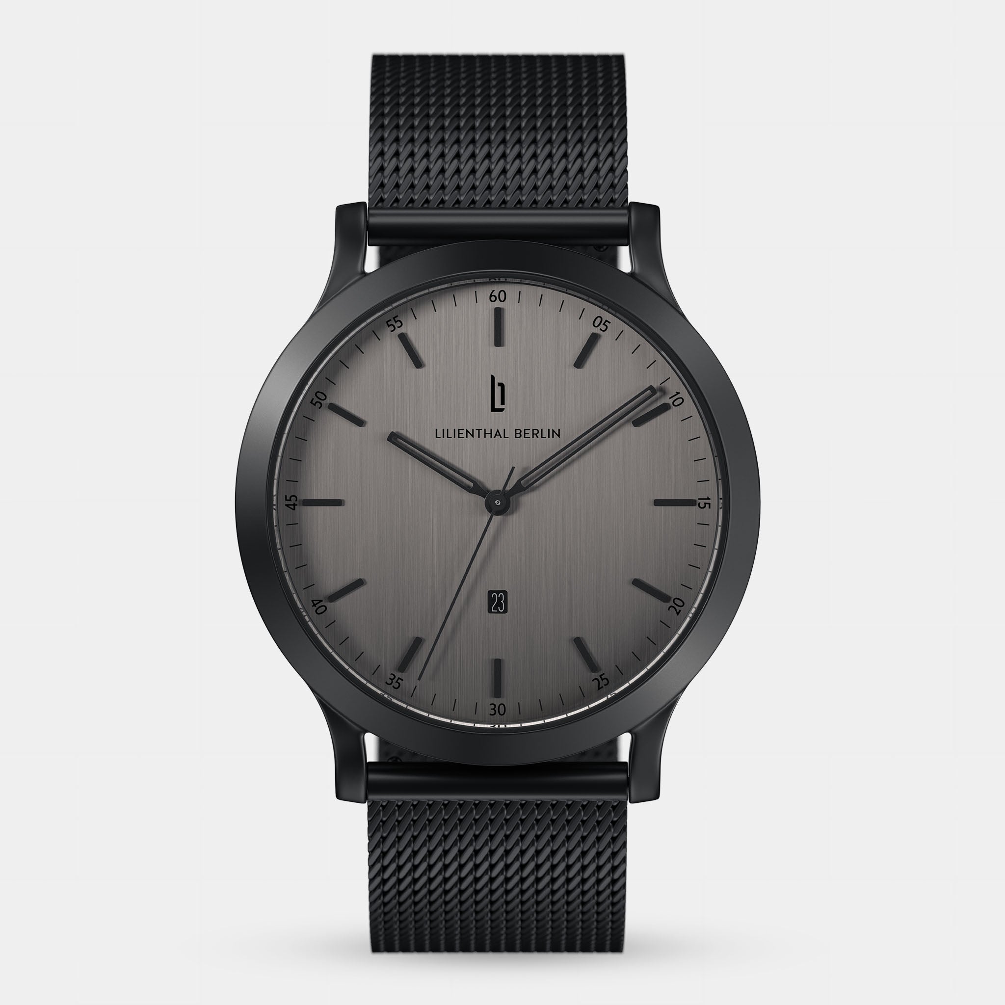 Minimalist black mesh strap watch with grey dial and date display