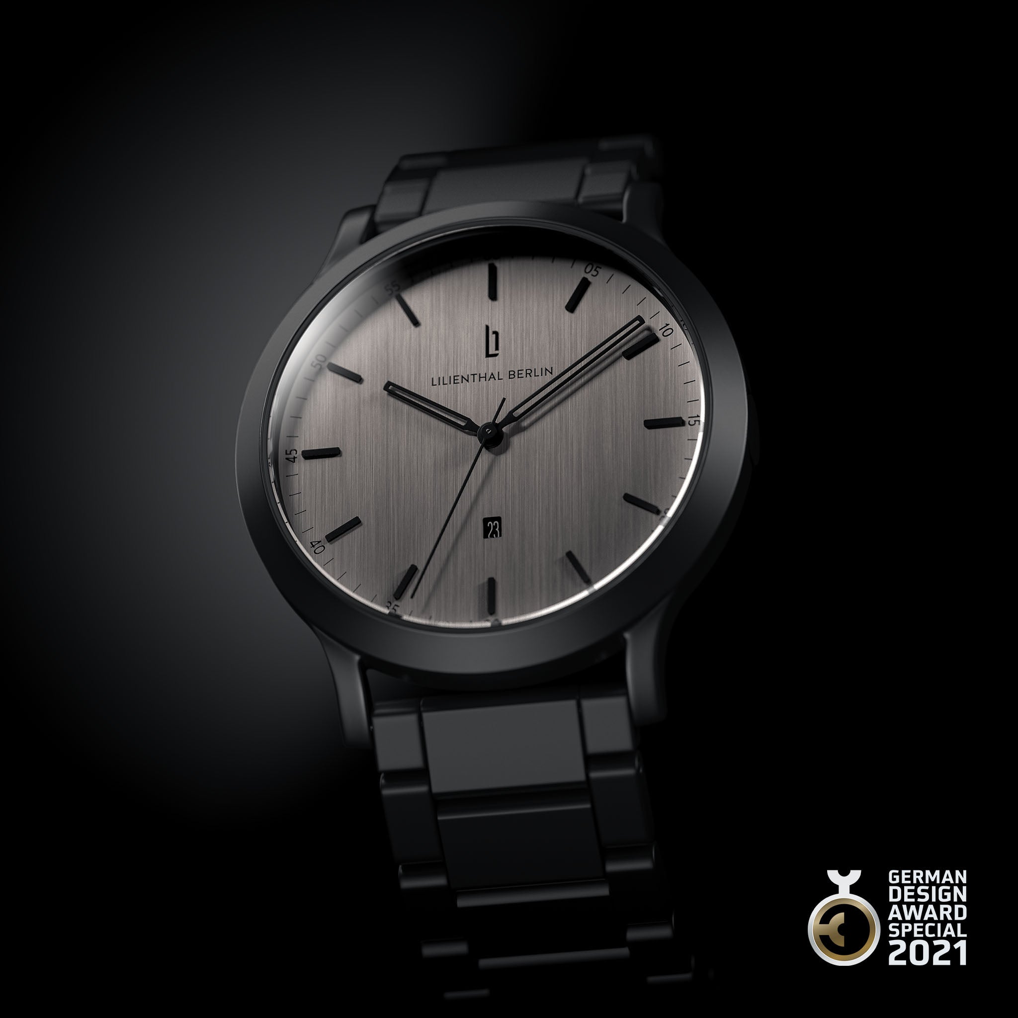 Modern black stainless steel watch with brushed silver dial and date display, German Design Award 2021.