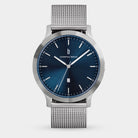 Silver mesh band watch with blue sunray dial and minimalist hour markers