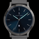 Sleek minimalist wristwatch with dark blue dial, luminous hands, date window, and mesh strap
