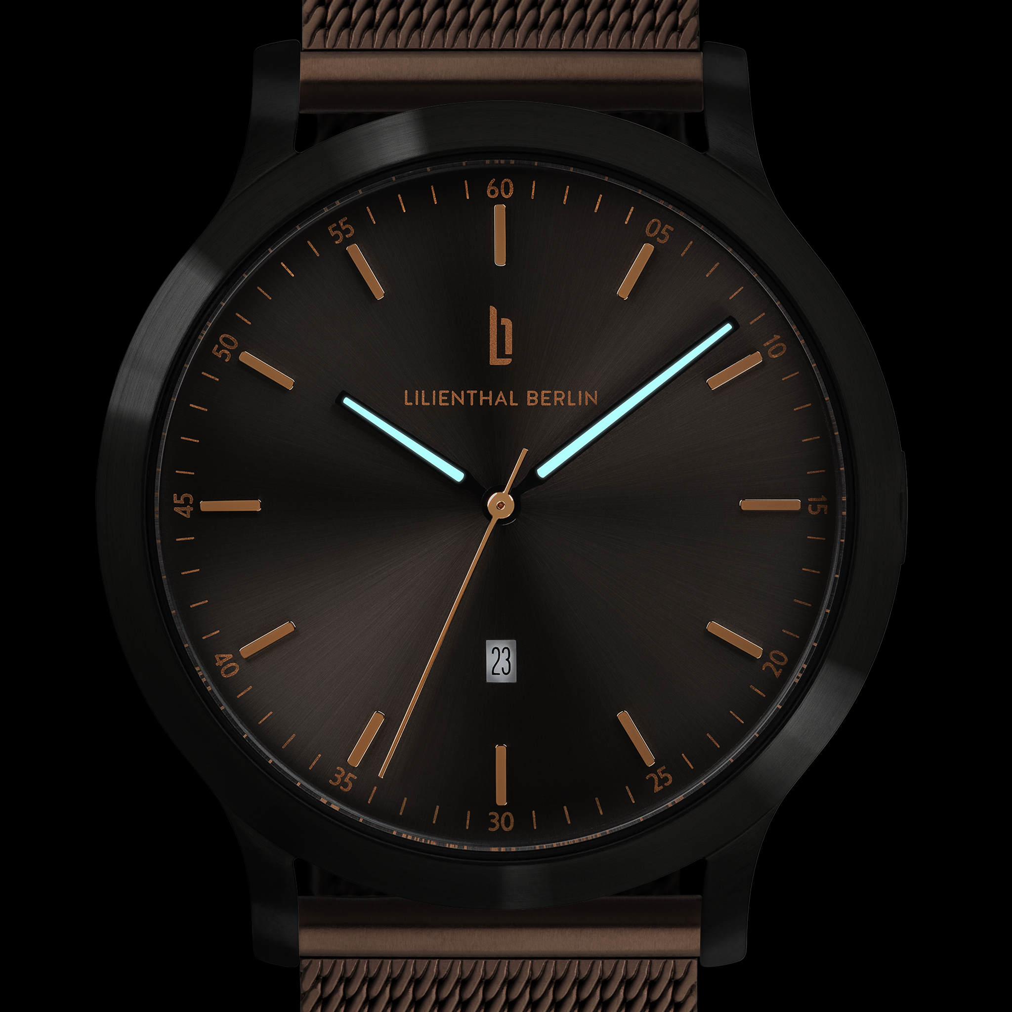 Minimalist black wristwatch with bronze mesh strap, luminous hands, and date display