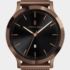 Rose gold stainless steel wristwatch with black dial, minimalist design, and date display.