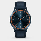 Elegant blue wristwatch with orange accents, leather strap, minimalist dial, date display