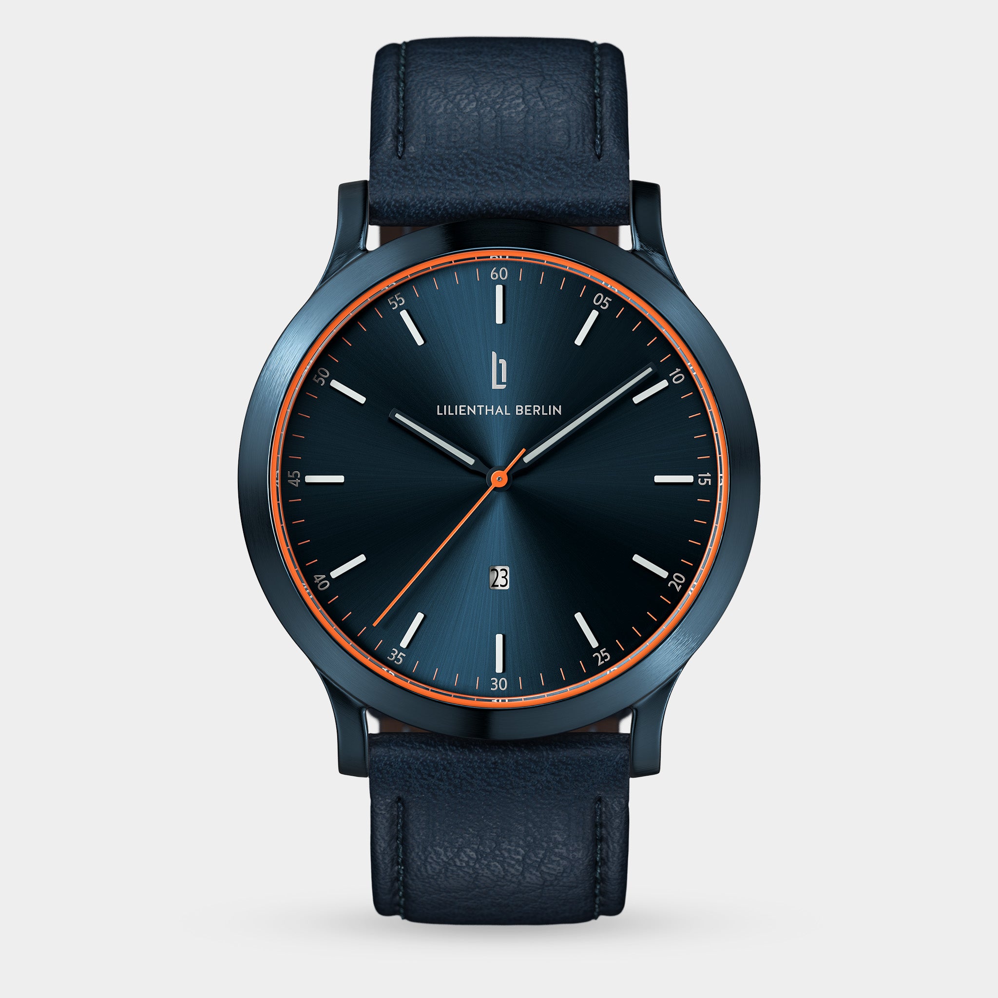 Elegant blue wristwatch with orange accents, leather strap, minimalist dial, date display