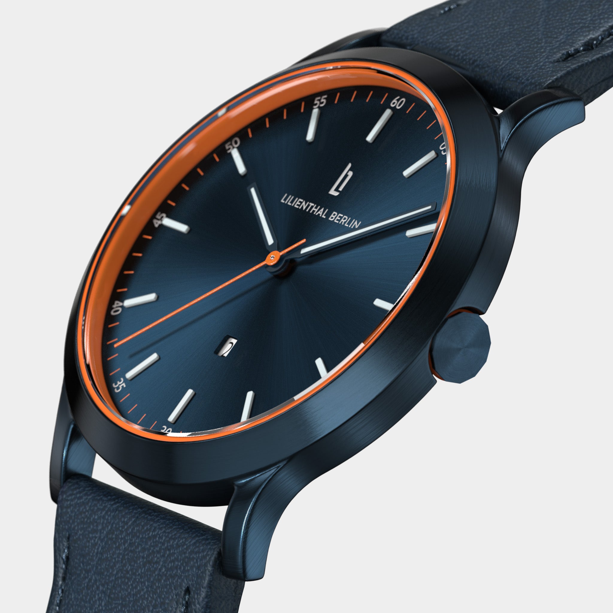 Modern navy blue watch with orange accents, black leather strap, and minimalist dial.