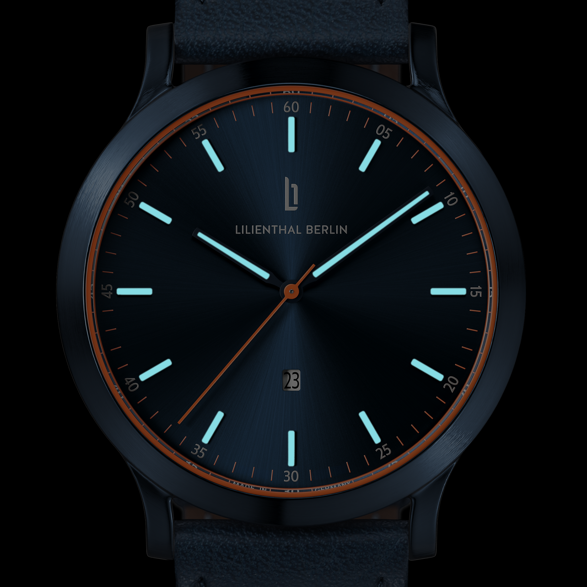 Minimalist black wristwatch with glowing hour markers, date window, and leather strap